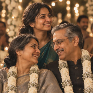 Her parents exchange marigold garlands beside the candlelit anniversary cake