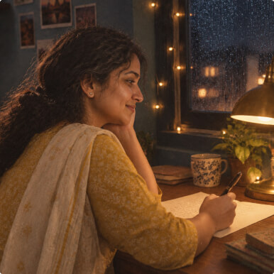 She writes the letter by the warm glow of a desk lamp