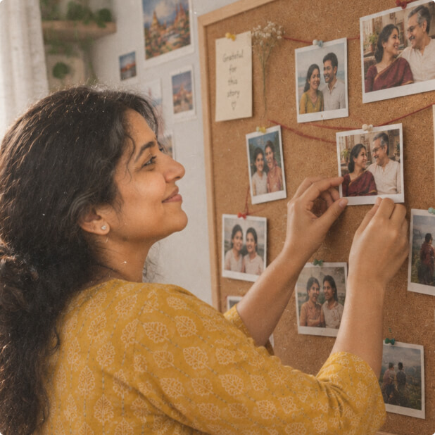 Her face lit by a laptop grid of old family photos, prints scattered across the desk