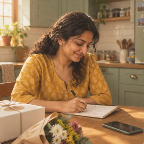 She writes the checklist in a notebook at the kitchen table