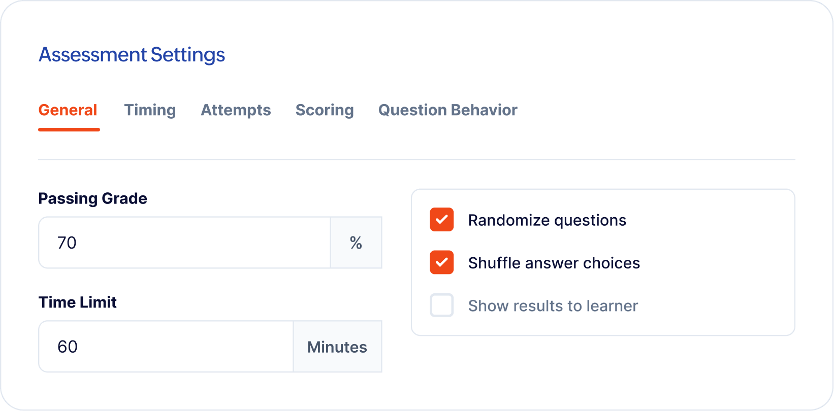 Assessment settings and controls