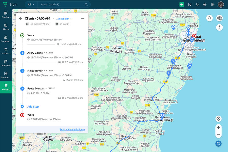 Creating a new client visit route in Bigin