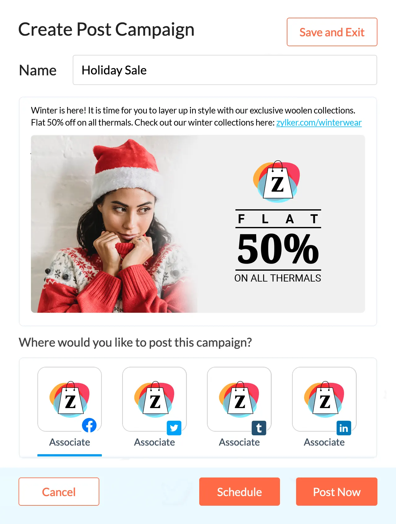 Screenshot of sharing your campaigns to social media from inside Zoho Campagins–Zoho CRM.