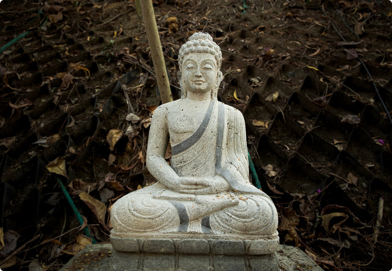 A seated stone figure against the rock face