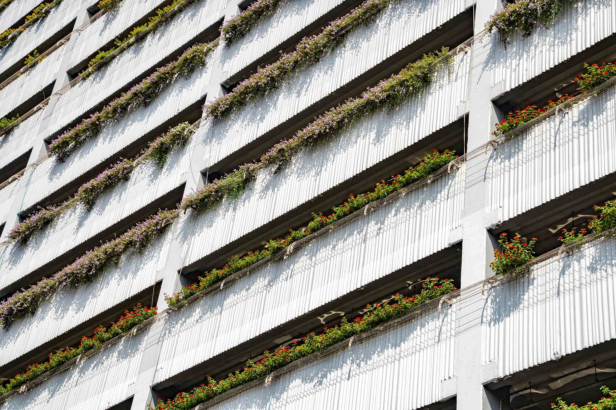 Flowers cascading over a multi-level car park