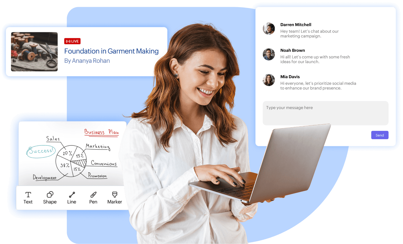 Built-in live classroom with breakout rooms and chat