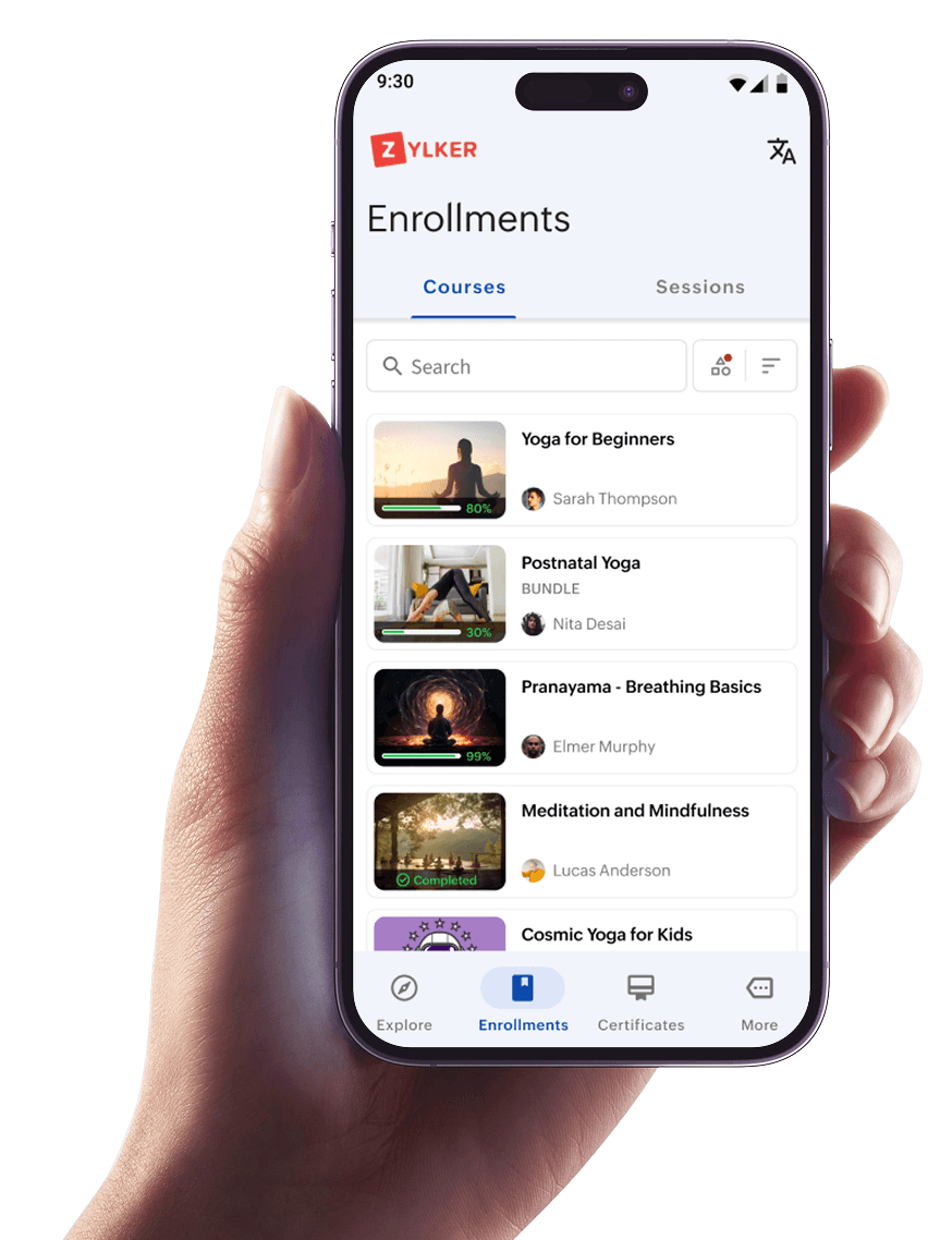Hand holding mobile phone showing the TrainerCentral Learner app