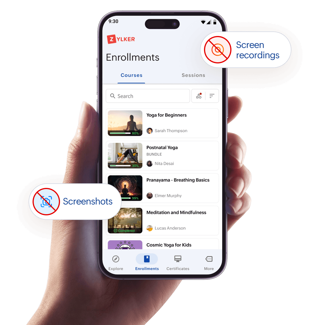 Hand holding mobile phone showing the TrainerCentral Learner app
