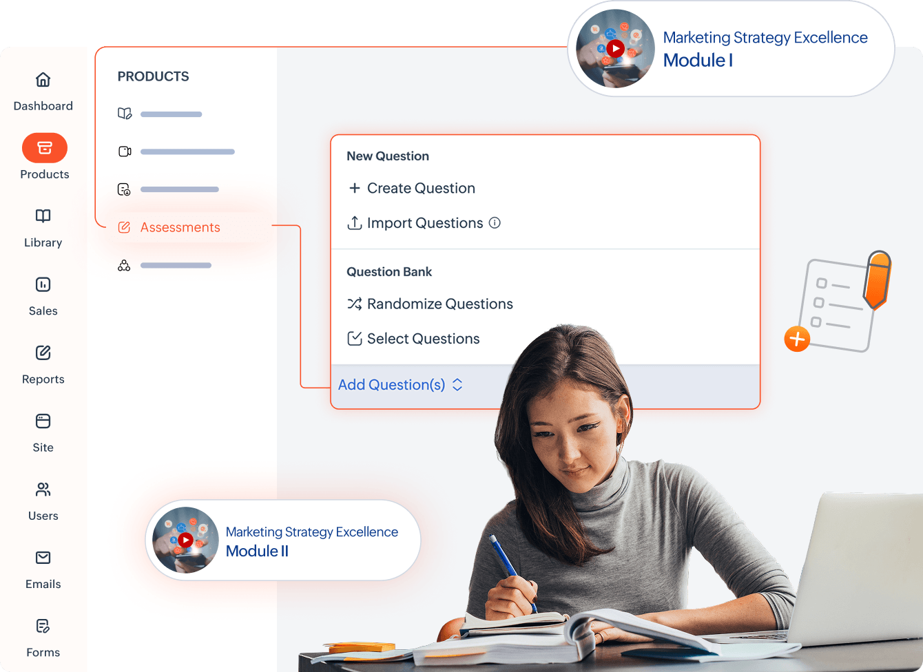 TrainerCentral assessments interface with a student studying