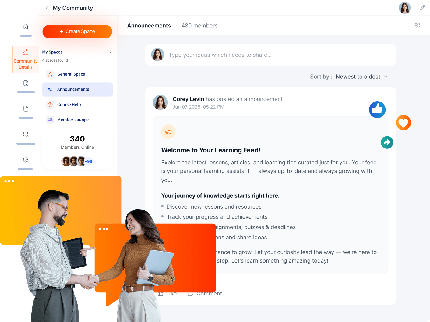 TrainerCentral community feed with learners connecting