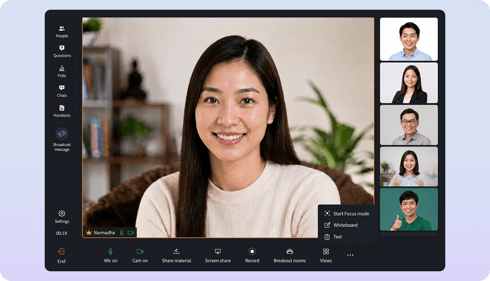 Live virtual classroom with participants in a TrainerCentral video session