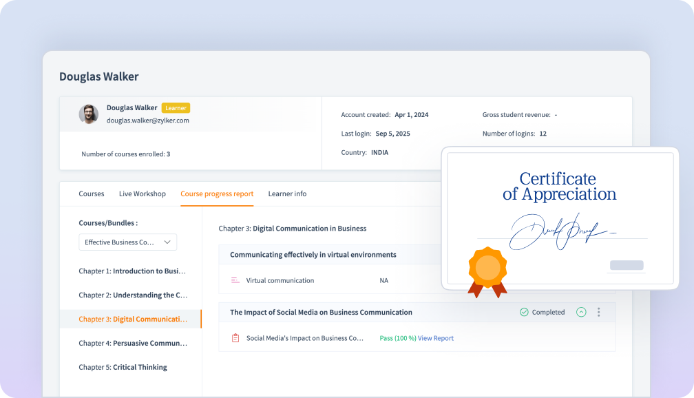 Learner progress dashboard and completion certificate in TrainerCentral
