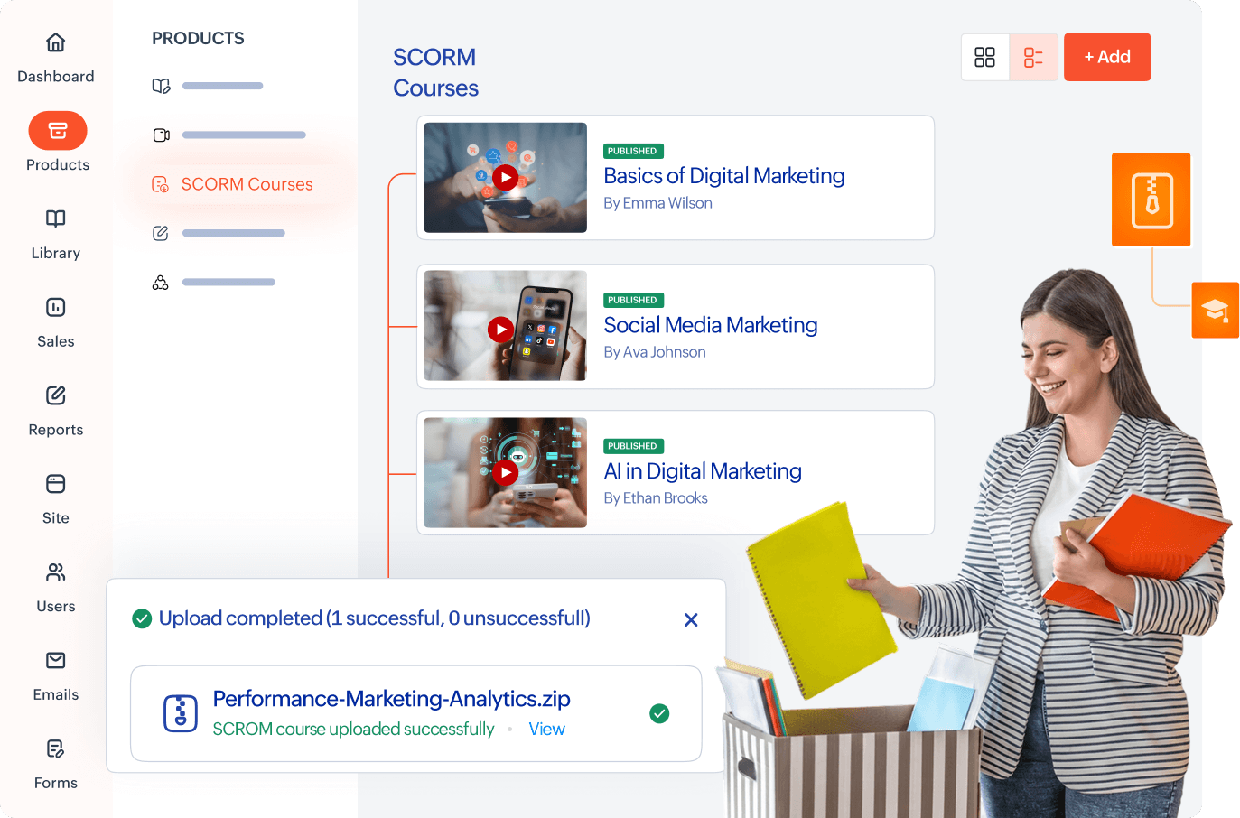 SCORM Courses list in TrainerCentral with a trainer holding files