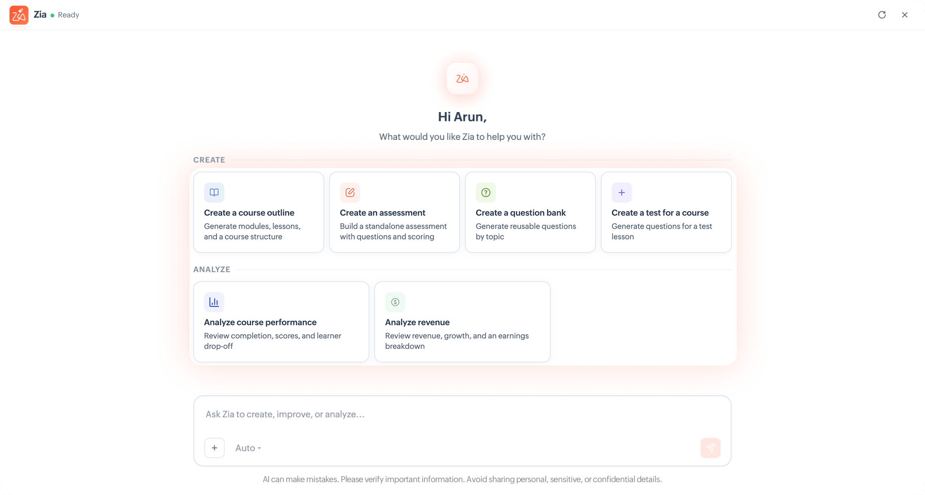 Zia AI interface showing course creation and analysis options