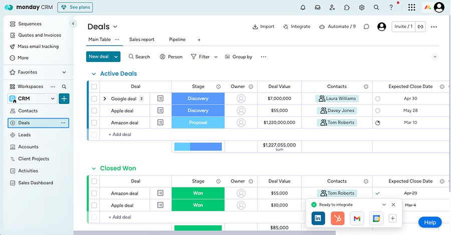 monday CRM board with custom columns