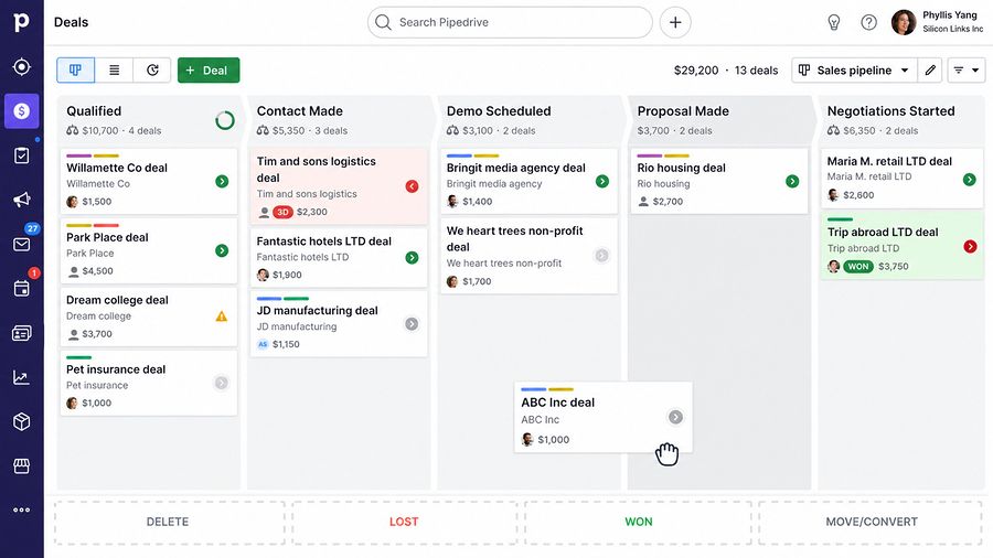 Pipedrive deal pipeline board