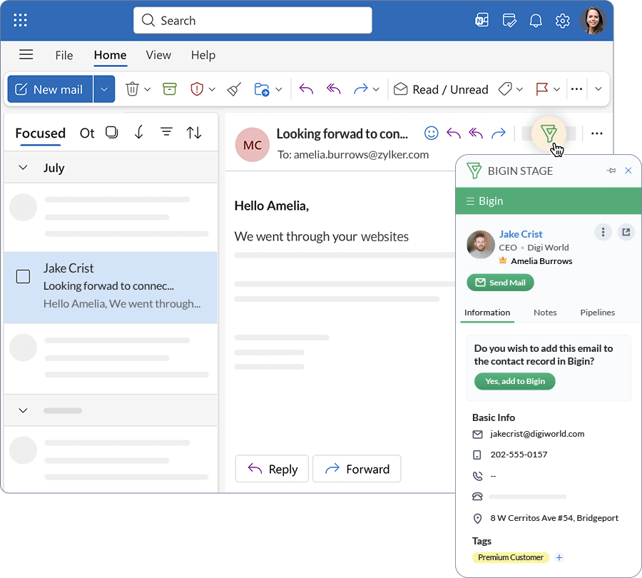Adding a new contact to Bigin from an incoming email