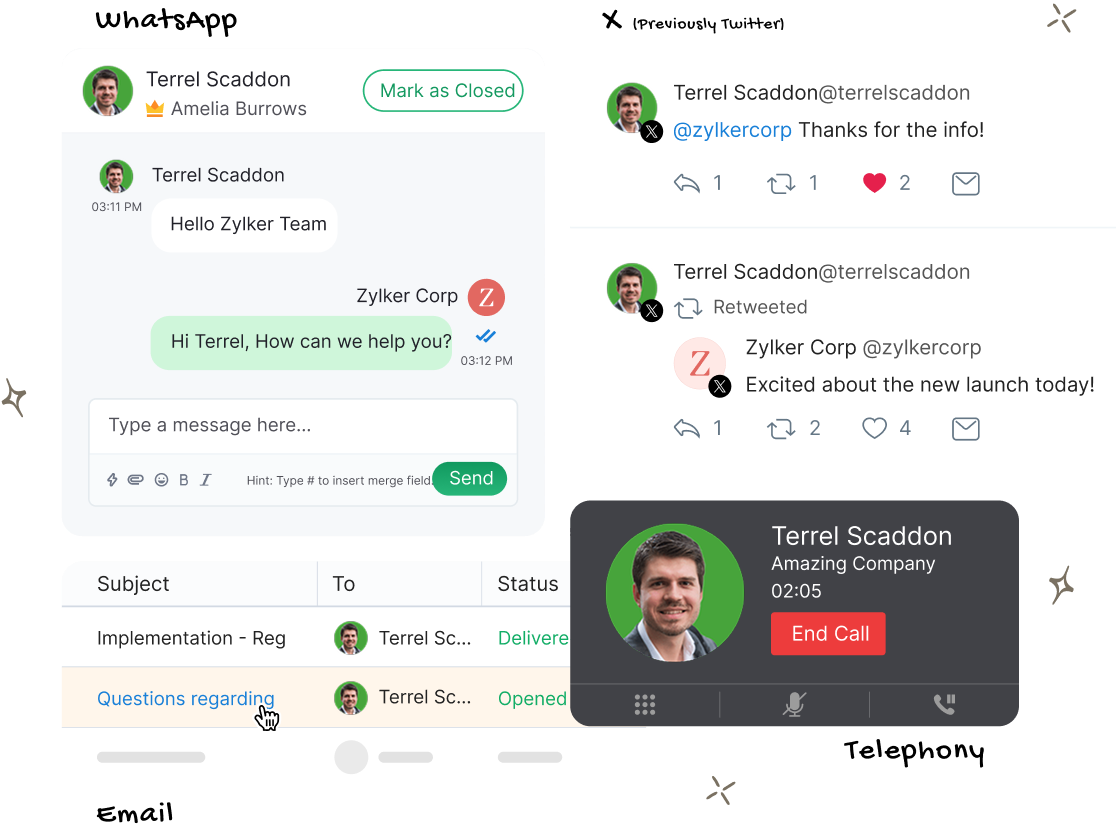 Representação de janelas de aplicativos de Whatsapp, X(twitter), email e uma janela de conferência