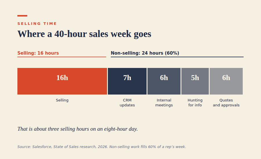 A 40-hour sales week split into 16 selling hours and 24 non-selling hours spent on CRM updates, internal meetings, hunting for information, and quotes